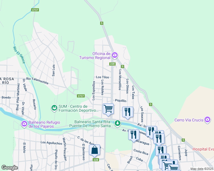map of restaurants, bars, coffee shops, grocery stores, and more near 86 Los Jacarandaes in Santa Rosa de Calamuchita