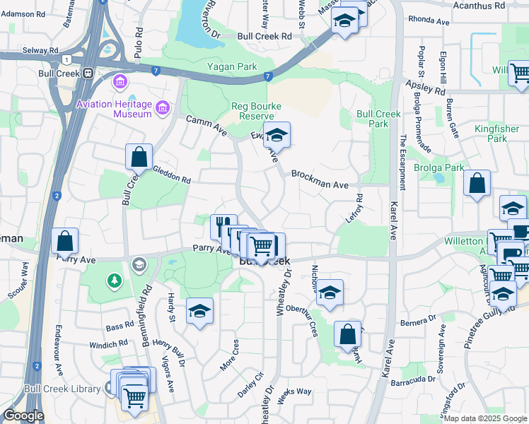 map of restaurants, bars, coffee shops, grocery stores, and more near 5 Ewing Avenue in Bull Creek