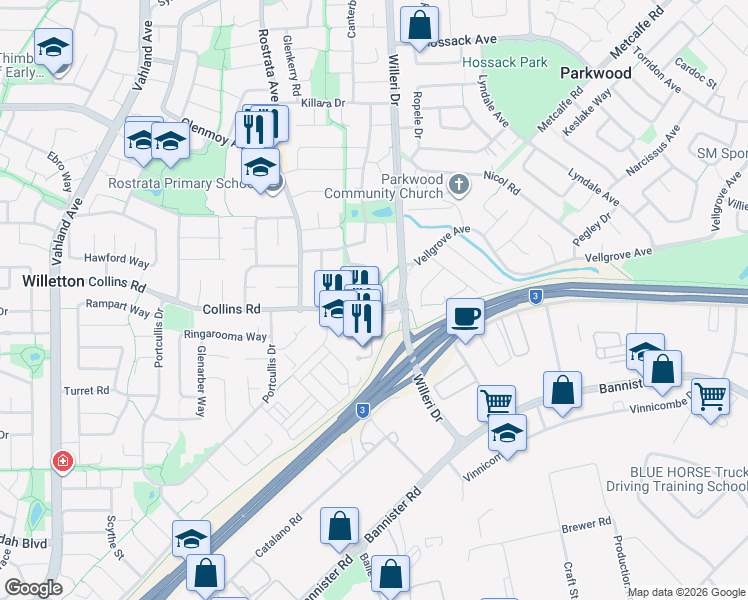 map of restaurants, bars, coffee shops, grocery stores, and more near 126 Collins Road in Willetton