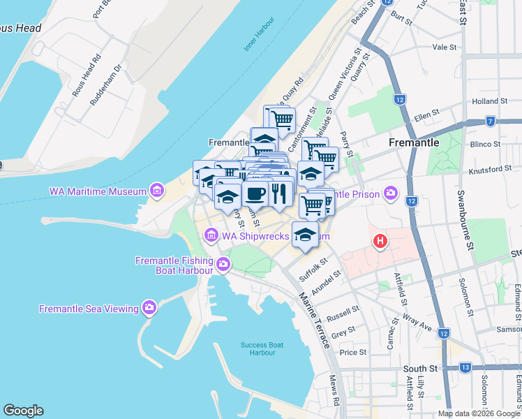 map of restaurants, bars, coffee shops, grocery stores, and more near 4 Bannister Street in Fremantle