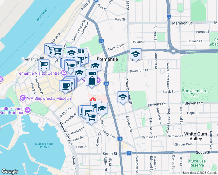 map of restaurants, bars, coffee shops, grocery stores, and more near 24A Hampton Road in Fremantle