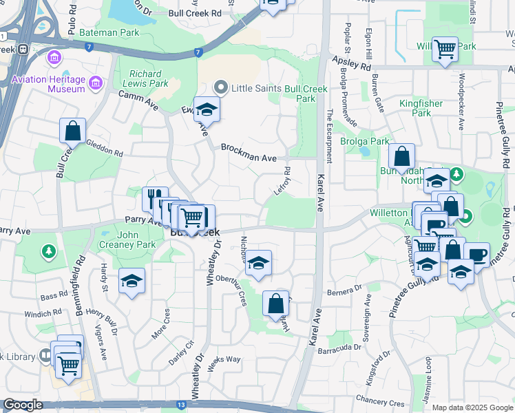 map of restaurants, bars, coffee shops, grocery stores, and more near 35 Maquire Way in Bull Creek