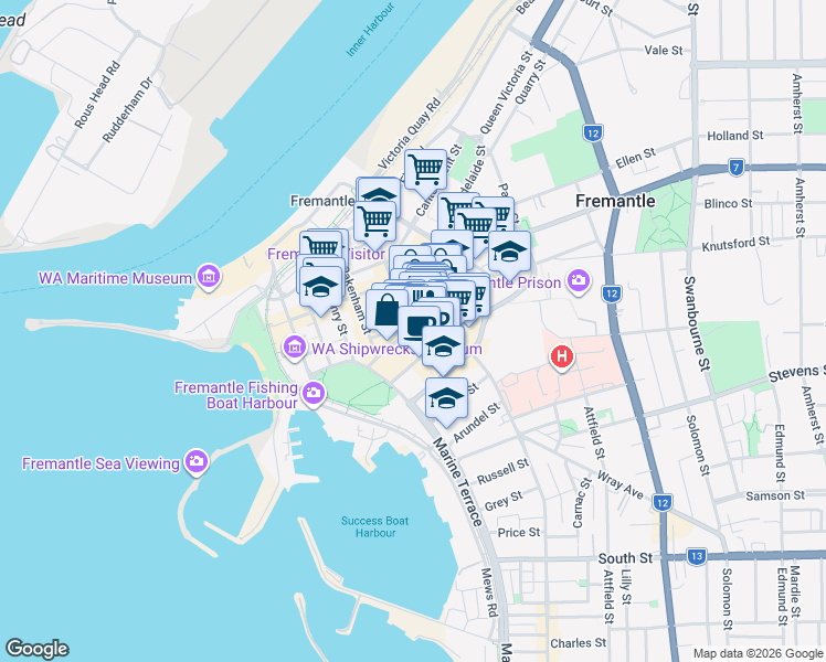 map of restaurants, bars, coffee shops, grocery stores, and more near 25 Collie Street in Fremantle