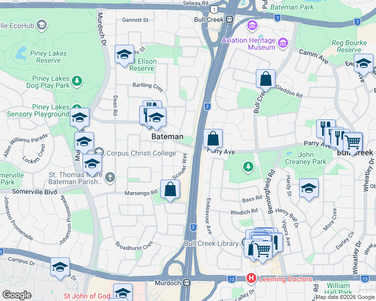 map of restaurants, bars, coffee shops, grocery stores, and more near 22 Scouler Way in Bateman