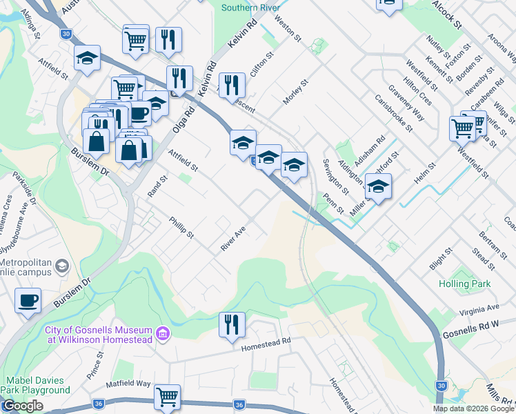 map of restaurants, bars, coffee shops, grocery stores, and more near 15 River Avenue in Maddington