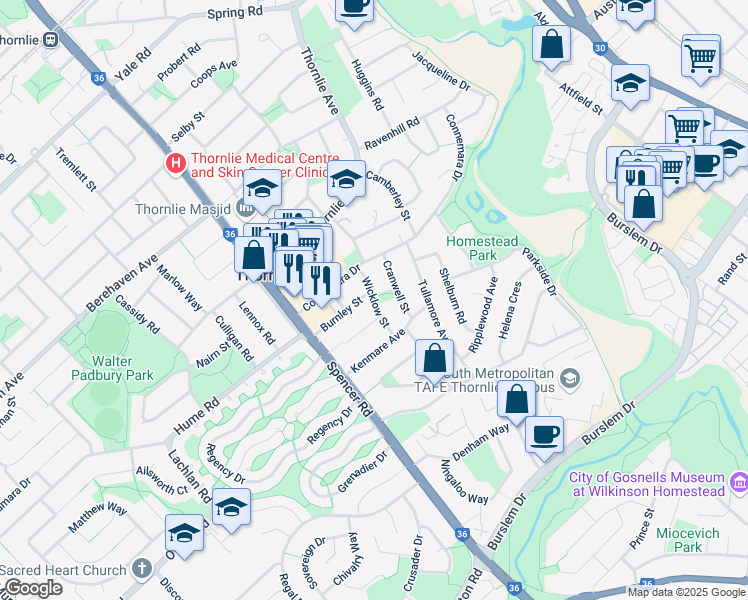 map of restaurants, bars, coffee shops, grocery stores, and more near Wicklow Street in Thornlie