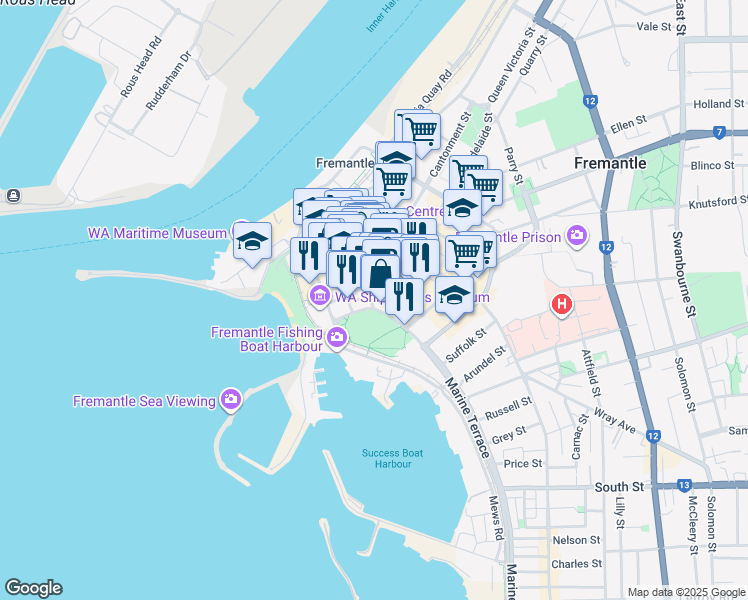 map of restaurants, bars, coffee shops, grocery stores, and more near 54 Marine Terrace in Fremantle