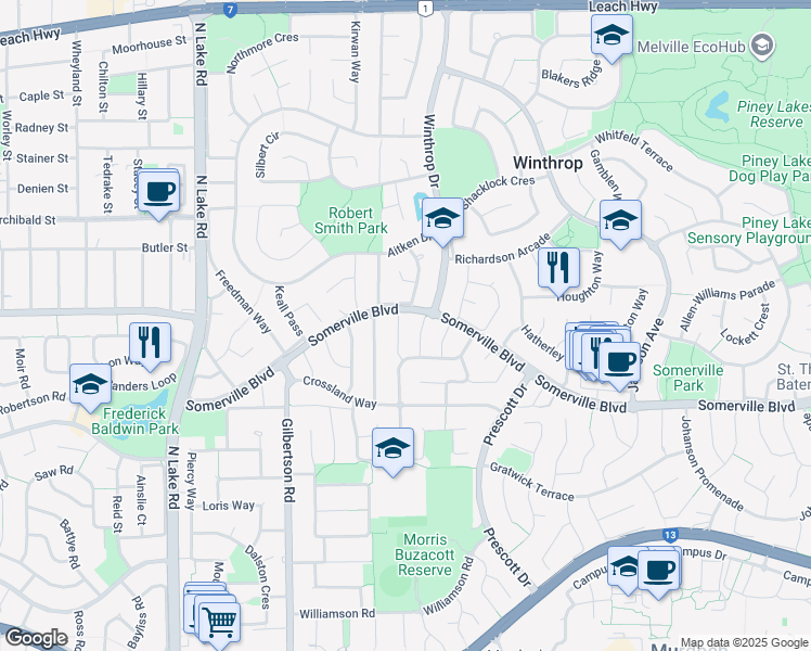map of restaurants, bars, coffee shops, grocery stores, and more near 10 Mayne Close in Kardinya