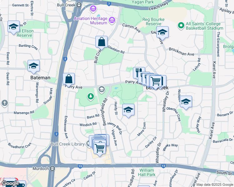 map of restaurants, bars, coffee shops, grocery stores, and more near 8 Hardy Street in Bull Creek