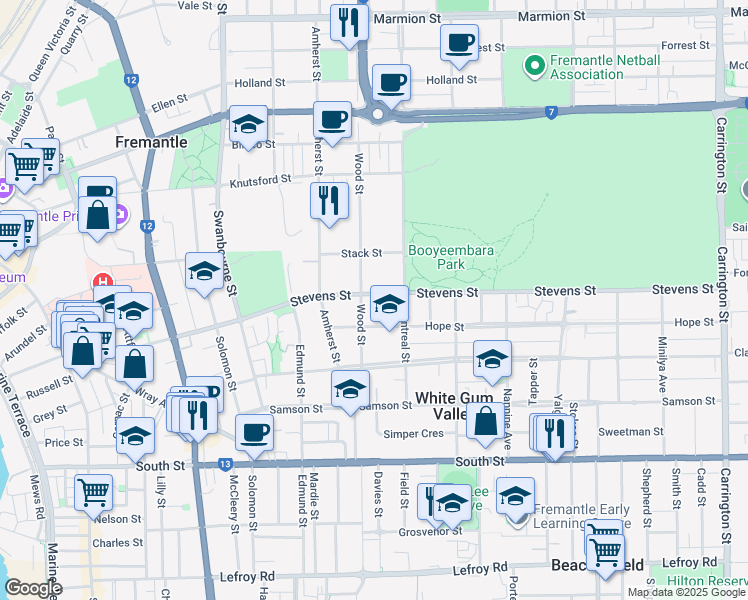 map of restaurants, bars, coffee shops, grocery stores, and more near 53 Stevens Street in White Gum Valley
