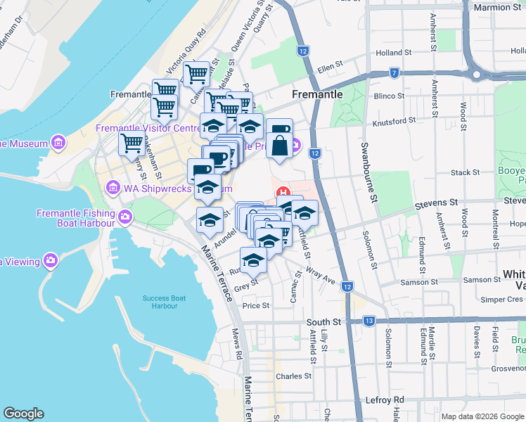map of restaurants, bars, coffee shops, grocery stores, and more near in Fremantle