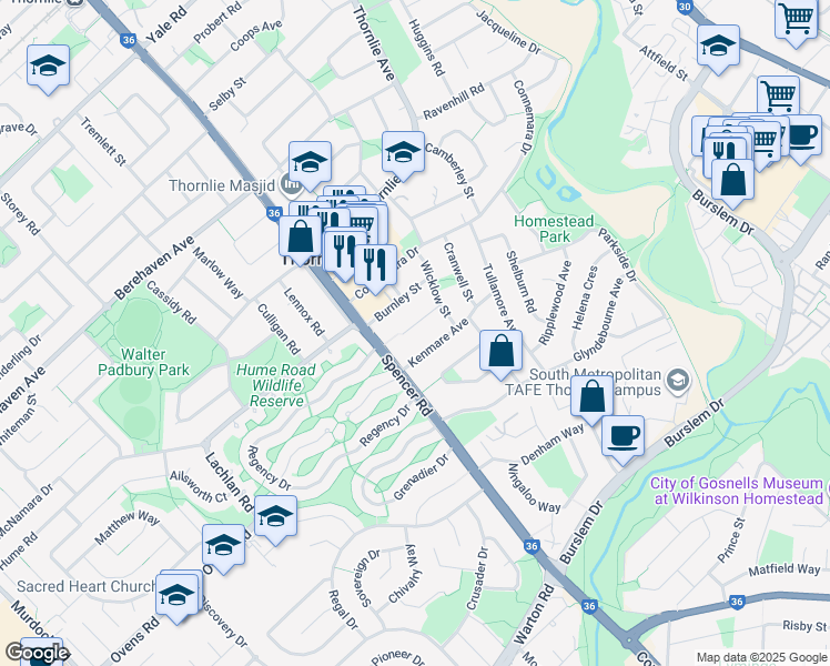 map of restaurants, bars, coffee shops, grocery stores, and more near 14 Earls Court in Thornlie