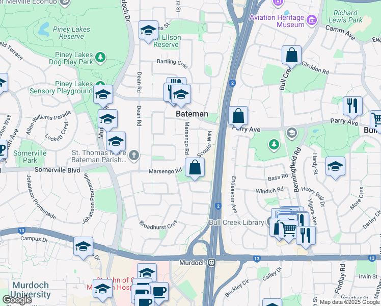 map of restaurants, bars, coffee shops, grocery stores, and more near 44 Marsengo Road in Bateman