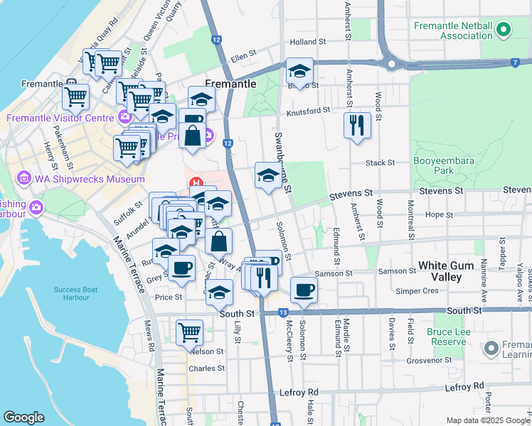 map of restaurants, bars, coffee shops, grocery stores, and more near 20 Stevens Street in Fremantle