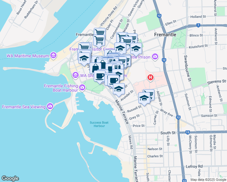 map of restaurants, bars, coffee shops, grocery stores, and more near 1 Norfolk Street in Fremantle