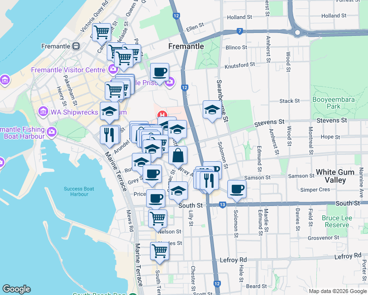 map of restaurants, bars, coffee shops, grocery stores, and more near 13 Stevens Street in Fremantle