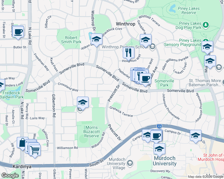 map of restaurants, bars, coffee shops, grocery stores, and more near 67 Crossland Way in Kardinya