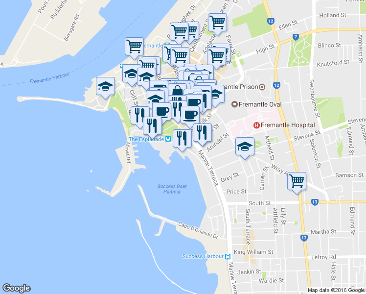 map of restaurants, bars, coffee shops, grocery stores, and more near 1758 Mews Rd in Fremantle