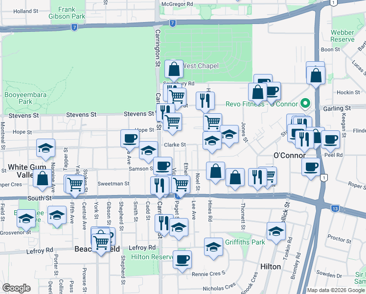 map of restaurants, bars, coffee shops, grocery stores, and more near 17 Clarke Street in Hilton