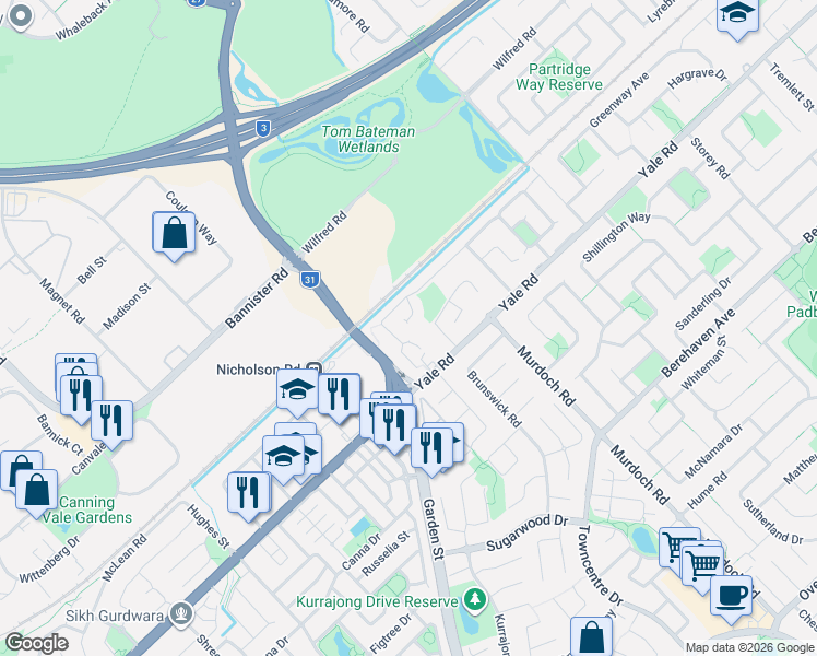 map of restaurants, bars, coffee shops, grocery stores, and more near 11 Barrul Place in Thornlie