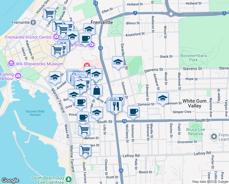 map of restaurants, bars, coffee shops, grocery stores, and more near 98 Hampton Road in Fremantle
