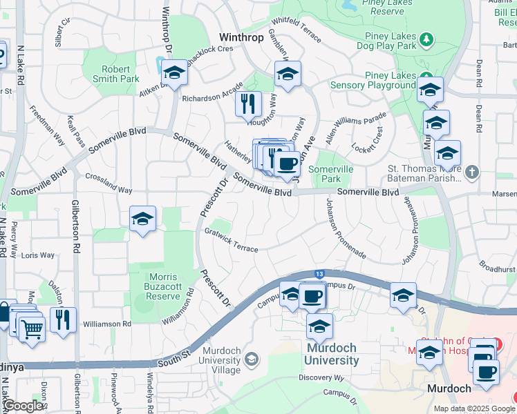 map of restaurants, bars, coffee shops, grocery stores, and more near 18A Burdett Retreat in Murdoch