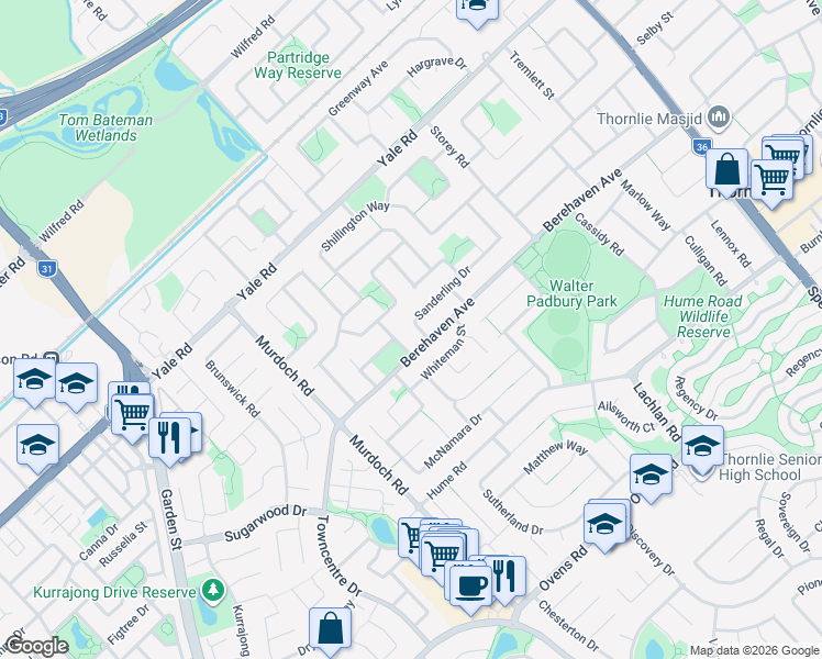 map of restaurants, bars, coffee shops, grocery stores, and more near 59 Sanderling Drive in Thornlie