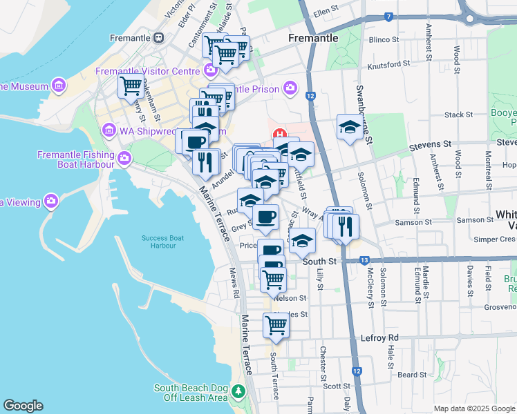 map of restaurants, bars, coffee shops, grocery stores, and more near 119 South Terrace in Fremantle