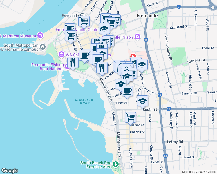 map of restaurants, bars, coffee shops, grocery stores, and more near 88 Marine Terrace in Fremantle