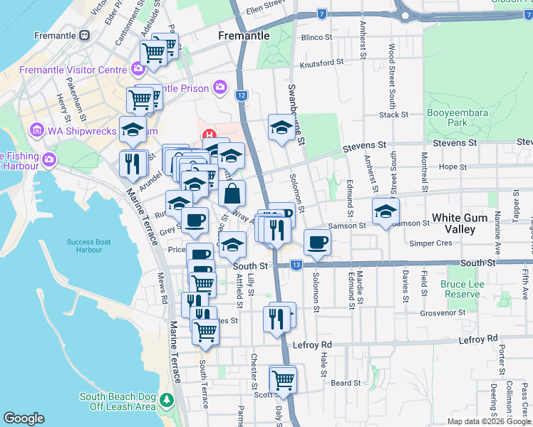 map of restaurants, bars, coffee shops, grocery stores, and more near 83 Hampton Road in Fremantle