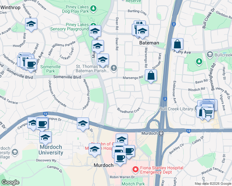 map of restaurants, bars, coffee shops, grocery stores, and more near 17 Broadhurst Crescent in Bateman
