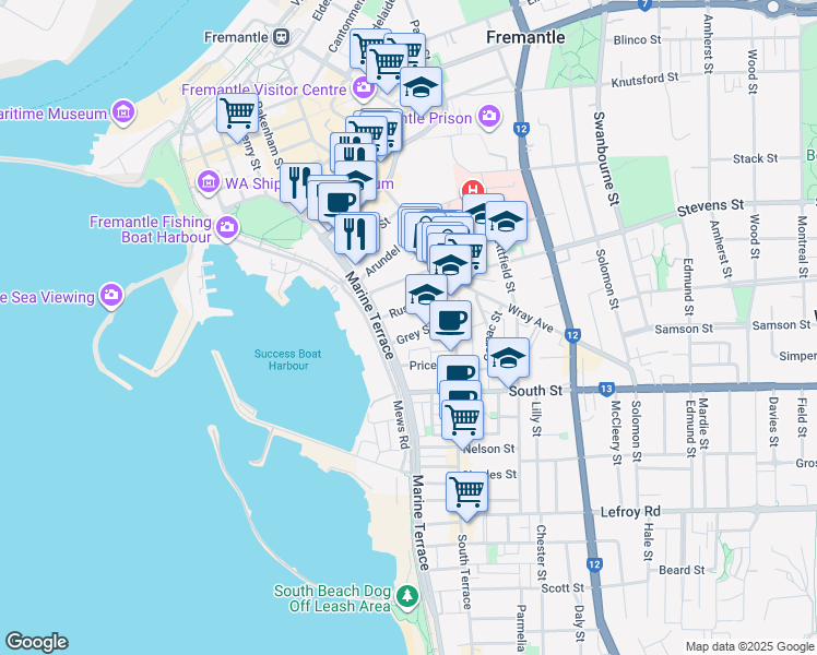 map of restaurants, bars, coffee shops, grocery stores, and more near 6 Grey Street in Fremantle