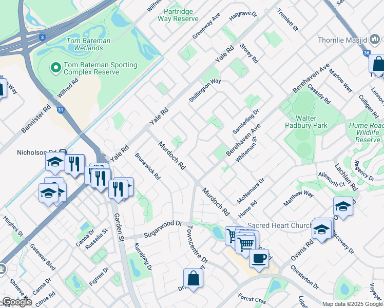 map of restaurants, bars, coffee shops, grocery stores, and more near 19 Mallard Street in Thornlie