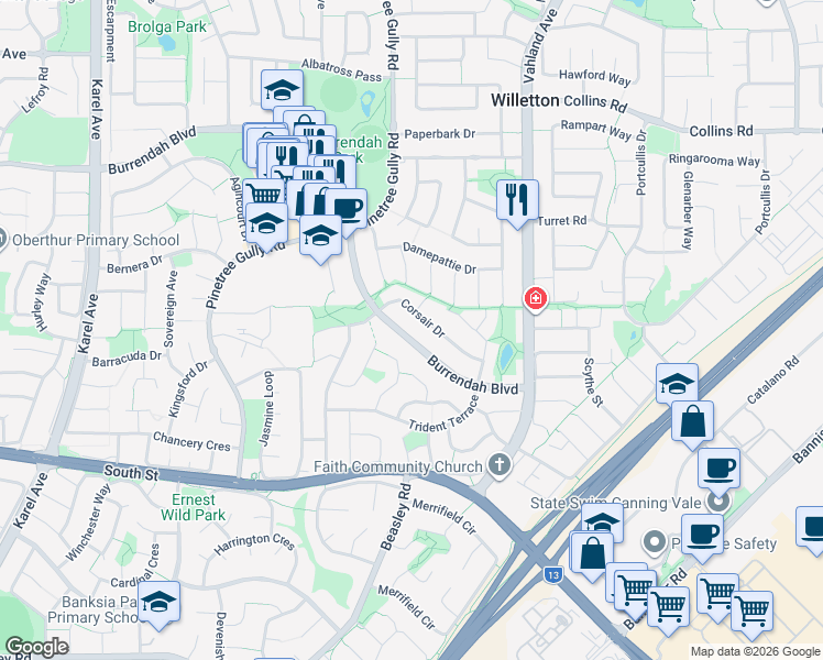 map of restaurants, bars, coffee shops, grocery stores, and more near 96 Burrendah Boulevard in Willetton