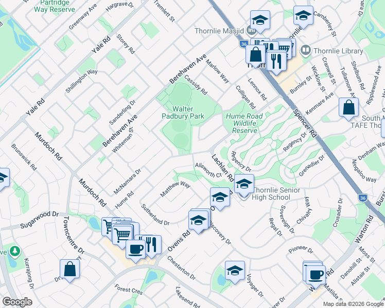 map of restaurants, bars, coffee shops, grocery stores, and more near Hume Road in Thornlie