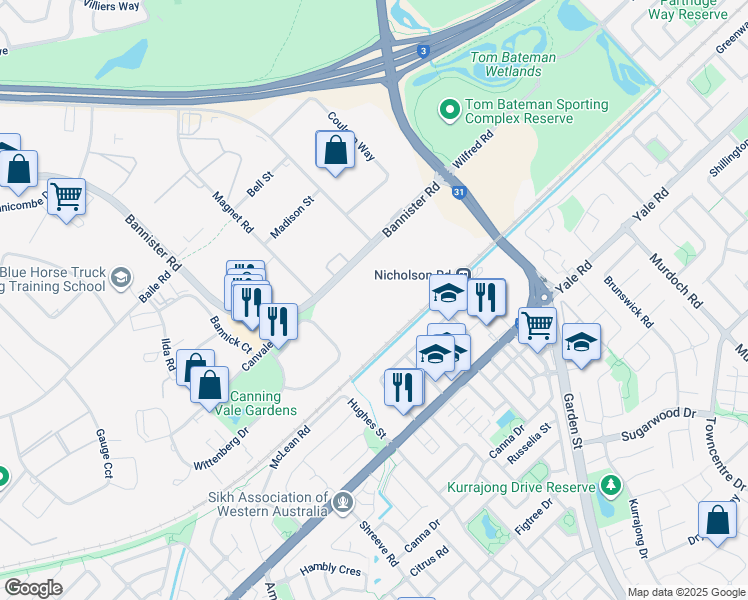 map of restaurants, bars, coffee shops, grocery stores, and more near 2 Bannister Road in Canning Vale
