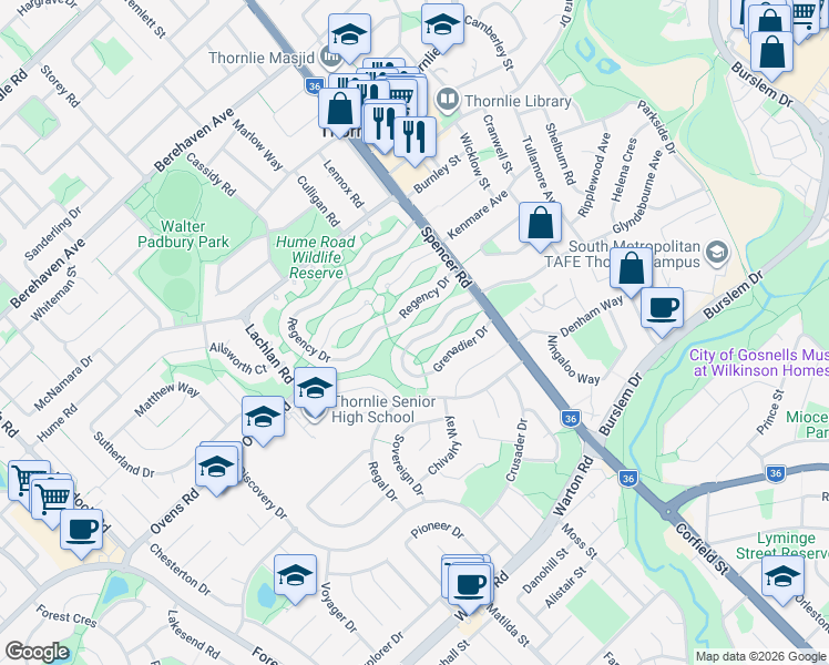 map of restaurants, bars, coffee shops, grocery stores, and more near 25 Grenadier Drive in Thornlie
