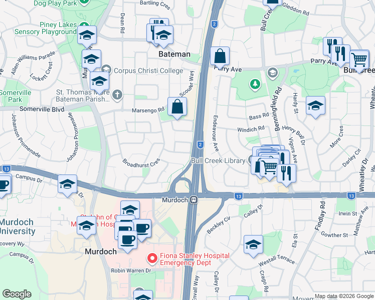 map of restaurants, bars, coffee shops, grocery stores, and more near 16 London Way in Bateman