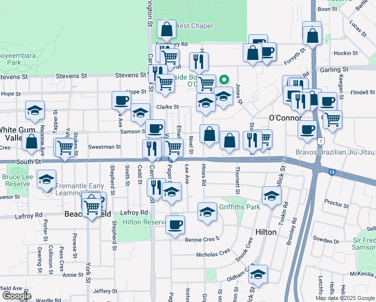 map of restaurants, bars, coffee shops, grocery stores, and more near 46 Noel Street in Hilton