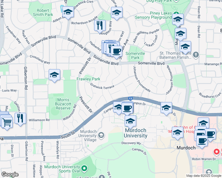 map of restaurants, bars, coffee shops, grocery stores, and more near 34 Gratwick Terrace in Murdoch