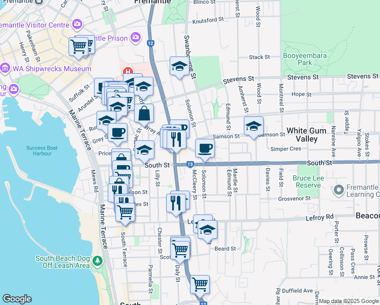 map of restaurants, bars, coffee shops, grocery stores, and more near 89B Wray Avenue in Fremantle