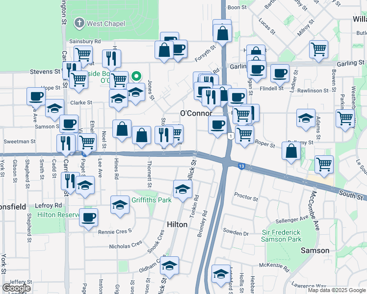 map of restaurants, bars, coffee shops, grocery stores, and more near 28 Jarvis Street in O'Connor