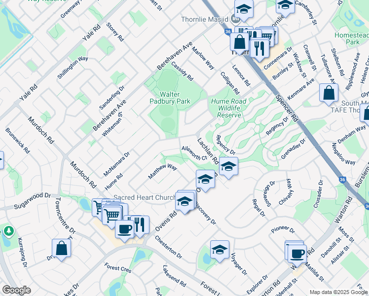 map of restaurants, bars, coffee shops, grocery stores, and more near Ailsworth Court in Thornlie