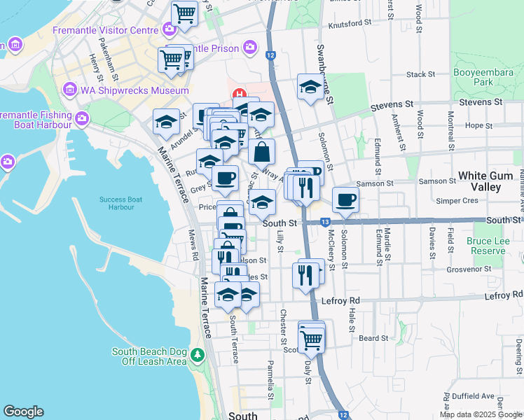 map of restaurants, bars, coffee shops, grocery stores, and more near 44 South Street in Fremantle
