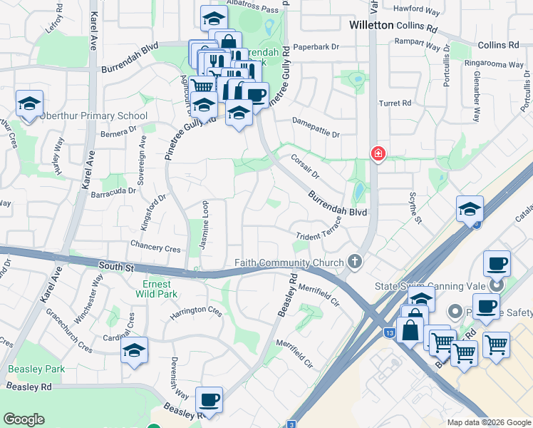 map of restaurants, bars, coffee shops, grocery stores, and more near 11 Hilltop Rise in Willetton