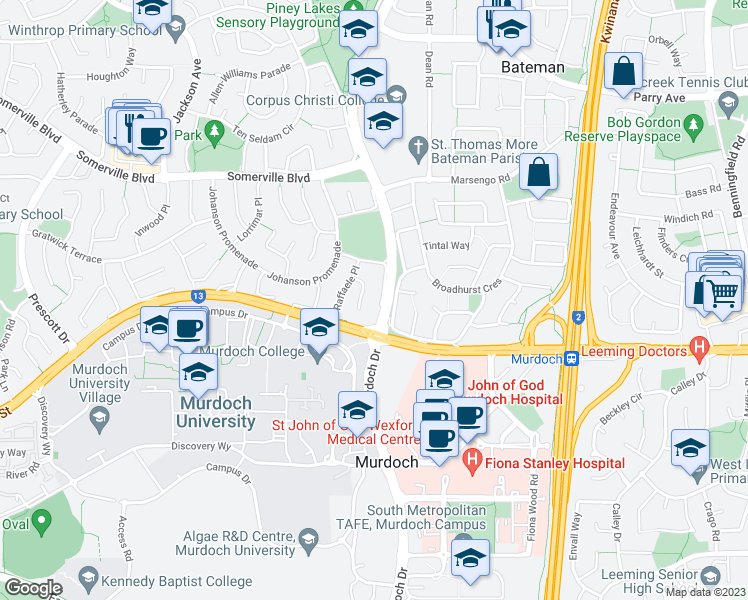 map of restaurants, bars, coffee shops, grocery stores, and more near 28 Whitnell Garden in Murdoch