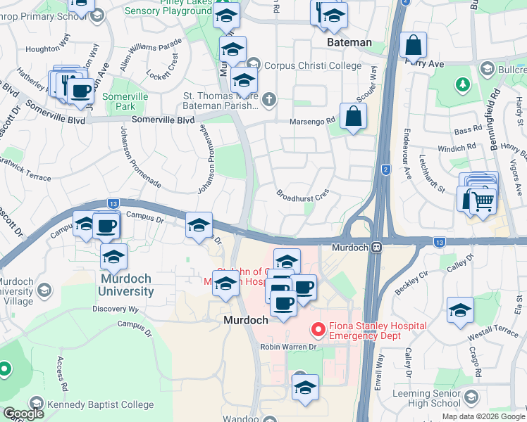 map of restaurants, bars, coffee shops, grocery stores, and more near 9 Norfolk Court in Bateman