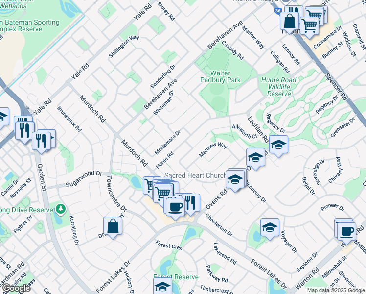 map of restaurants, bars, coffee shops, grocery stores, and more near 114 Hume Road in Thornlie