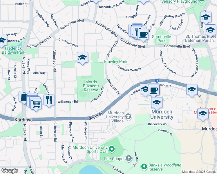 map of restaurants, bars, coffee shops, grocery stores, and more near 5 Forest Walk in Kardinya