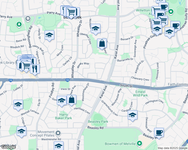 map of restaurants, bars, coffee shops, grocery stores, and more near 14 Riding Way in Bull Creek